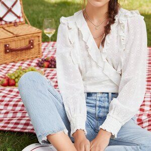 Anthropologie MAEVE Laila Ruffle Boho Eyelet Lace Wrap V Neck Cream Blouse
